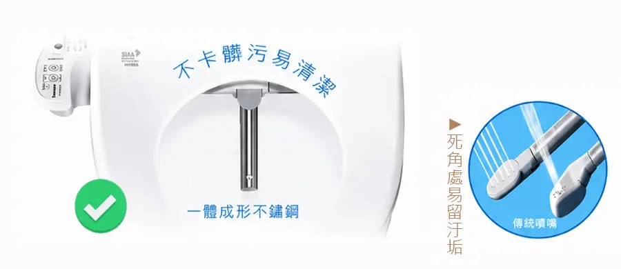 不鏽鋼一體成型噴嘴表面平滑、耐用，能降低污垢附著並提升沖洗潔淨效果。
