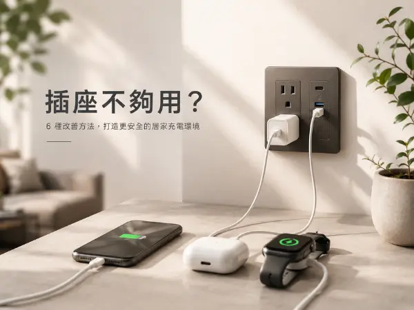 居家充電規劃，手機、耳機與智慧裝置使用 USB／Type-C 插座充電